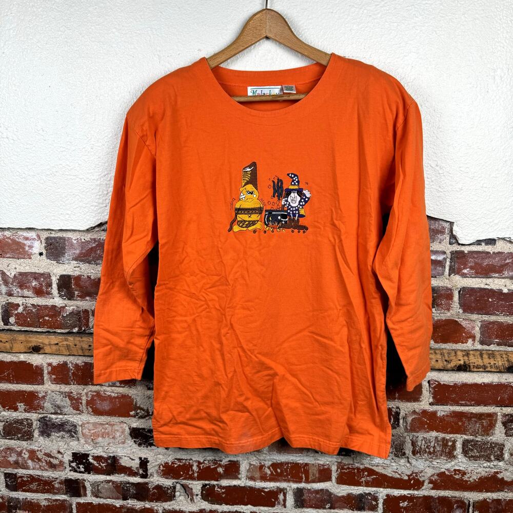 Vintage Halloween Shirt Size Large Orange Long Sleeve Embroidered Witch Cauldron